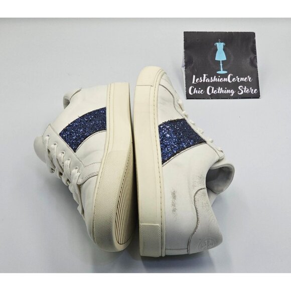 Tory Burch Women's White Leather Blue Glitter Carter Flat Sneakers Sz 11M 2661 - Picture 14 of 16